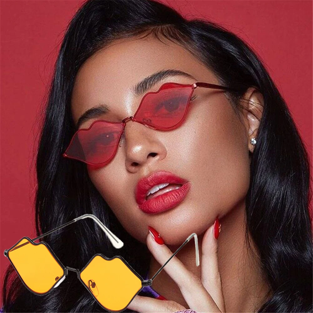 Zonnebril met rode lip voor dames en heren, sexy zonnebril met retro metalen frame, modieus, voor Halloween-feestjes en cosplay ﻿