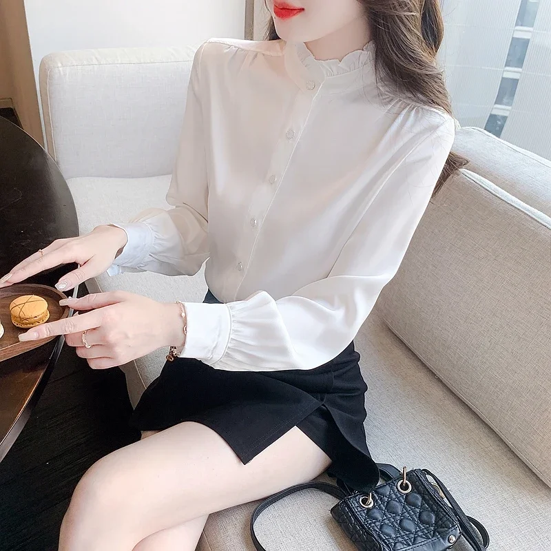 Fashion Long Sleeve Chiffon Women Blouse Shirt Tops Blusas Mujer De Moda 2024 Stand Collar White Blouse Women Shirt Blusa H540