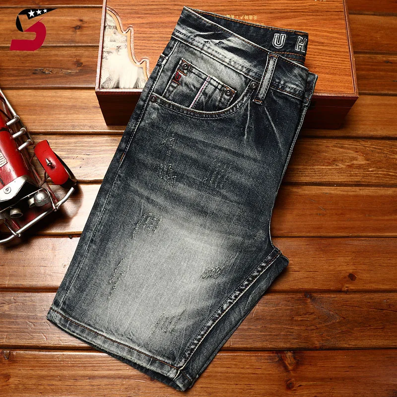 High-end summer denim shorts men's slim-fit stretch casual all-matching fashion street distressed trend motorcycle shorts