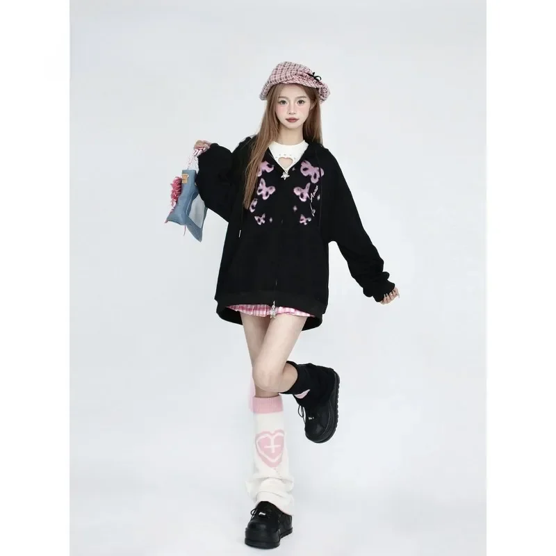 Black Gothic Chic Zipper Sweatwear Coat Women Clothing  Hooded Top Lace-up Butterfly Print Sweet Y2k Hoodies Long Sleeve