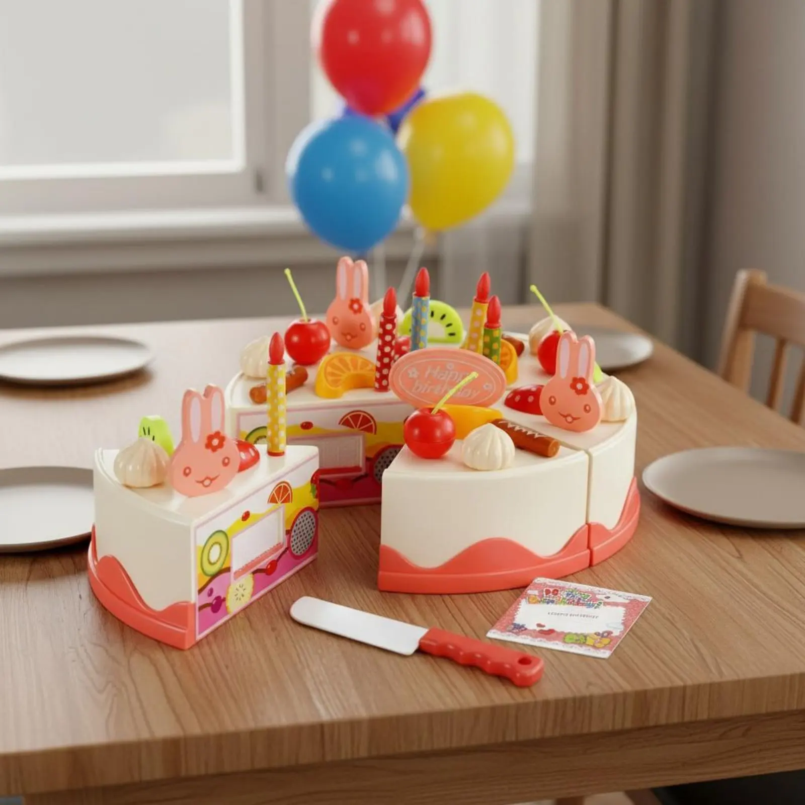 ごっこ遊び用誕生日ケーキセット-切り分け可能なスライス-ごっこ遊び用誕生日ケーキ-リアルなデザイン-フックとループの留め具-就学前児童向け