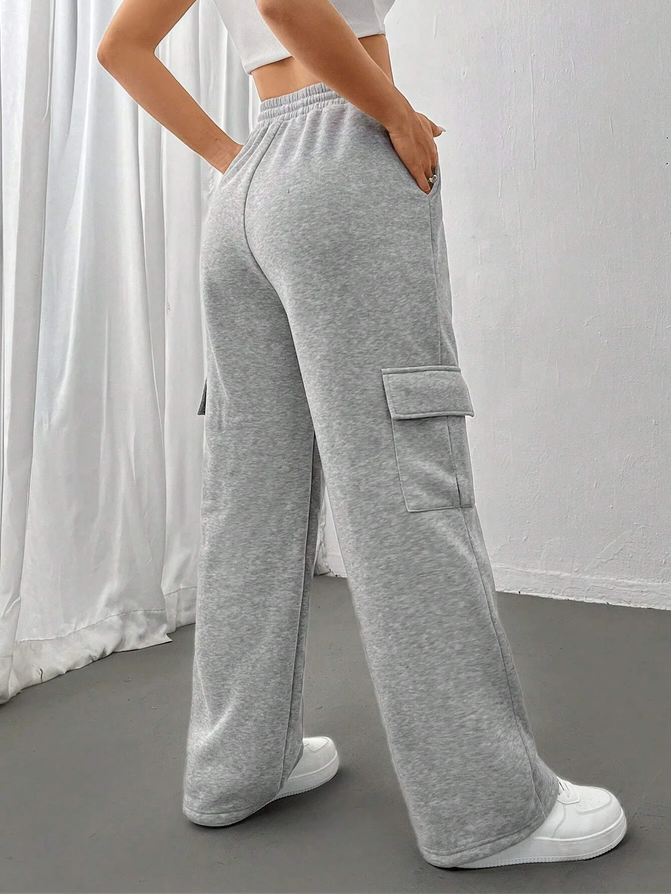Women's High-waisted Drawstring Sweatpants Sports Casual Jogging Pants Loose Straight Pants with Pocket Workwear-style Trousers