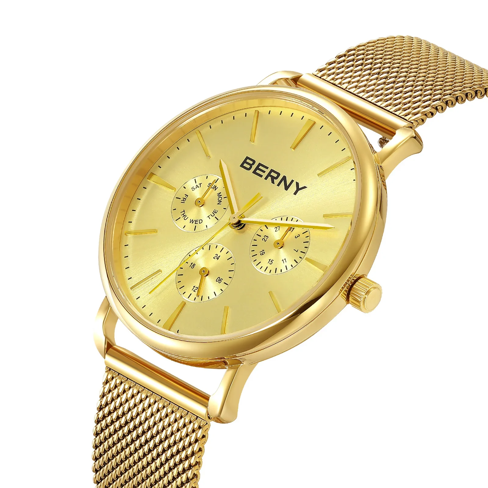 

BERNY Gold Men's Watches Calendar Week Modernist style Classic Elegant Ultra-thin Golden Quartz Men Watch Full Stainless steel