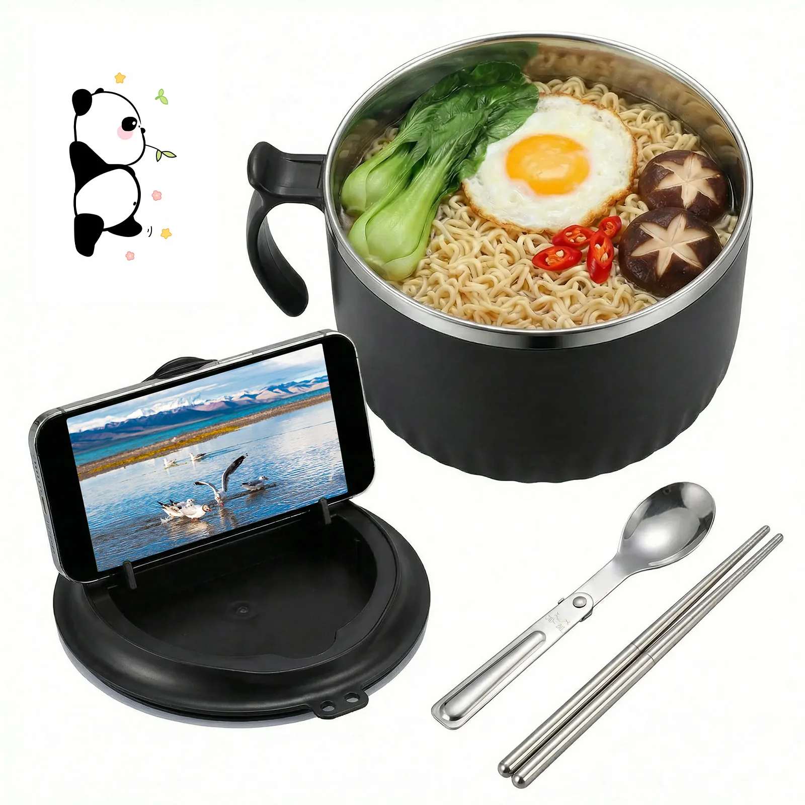 1600ML/1200ML Ramen Noodle Bowls Stainless Steel Noodle Bowls with Filterable Lid Chopsticks Spoon Reusable Microwave Ramen Bowl