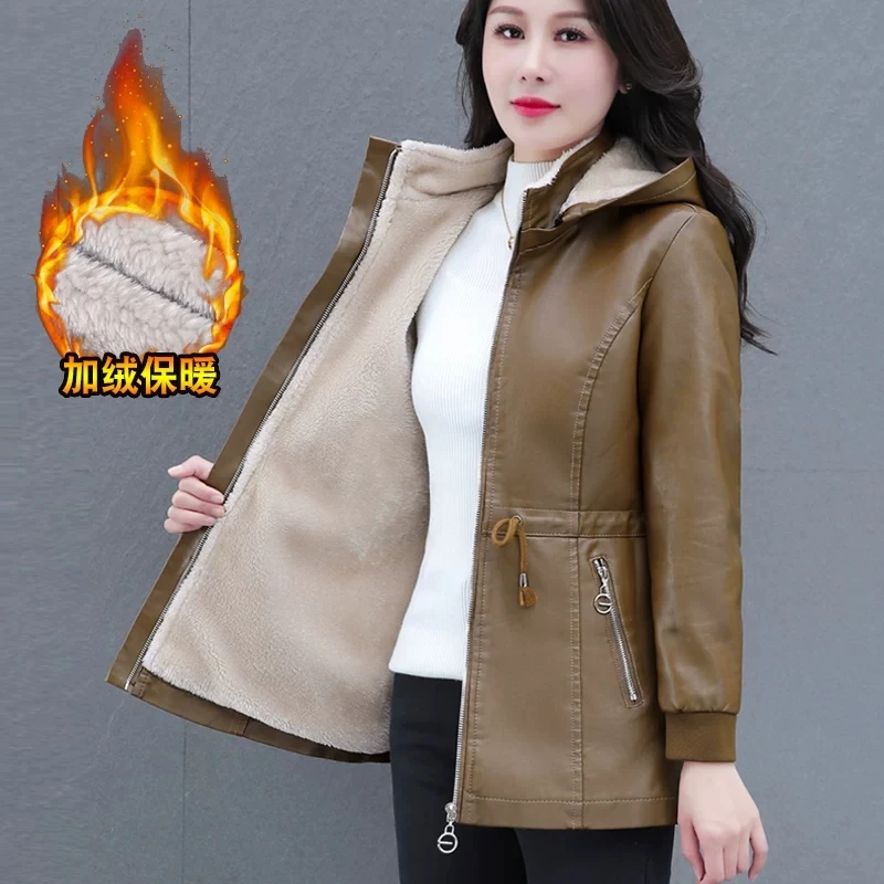 2026 New Womens Hooded PU Leather Jacket Thick Fleece Lined Winter Warm Coat Drawstring Waist Zipper Pockets Casual Outerwear