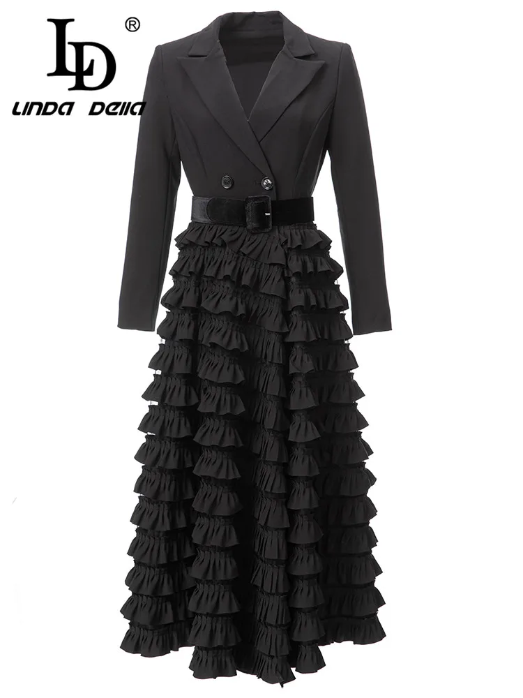 

LD LINDA DELLA New Style Autumn winter Birthday Dress For Women Black Lapel Belt Slim Fit Cascading Ruffle Splice Pleated skirt