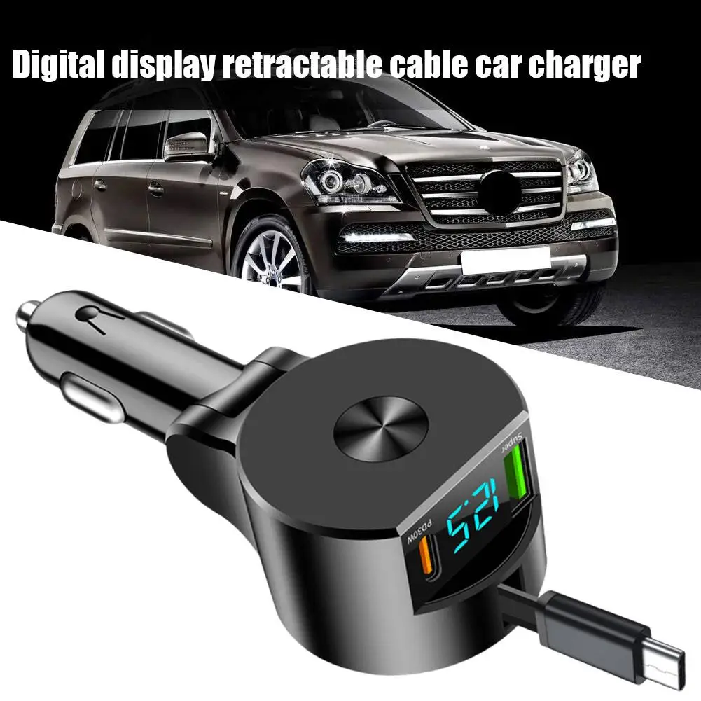 Car Charger Retractable PD 30W Cable For IPhone/Android Digital Display Quick Car Chargers Adapter Car Charger Accessories D1Y2