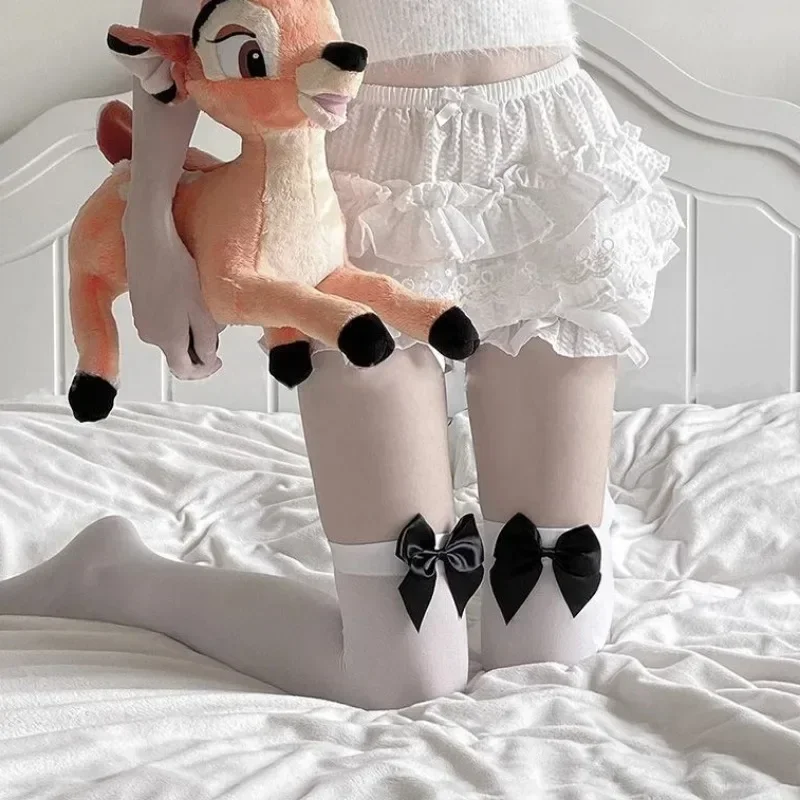 새로운 일본식 JK 로리타 벨벳 허벅지 길이 양말 리본 실크 양말 흑백 귀여운 섹시한 허벅지 길이 스타킹 카와이 로리타 양말