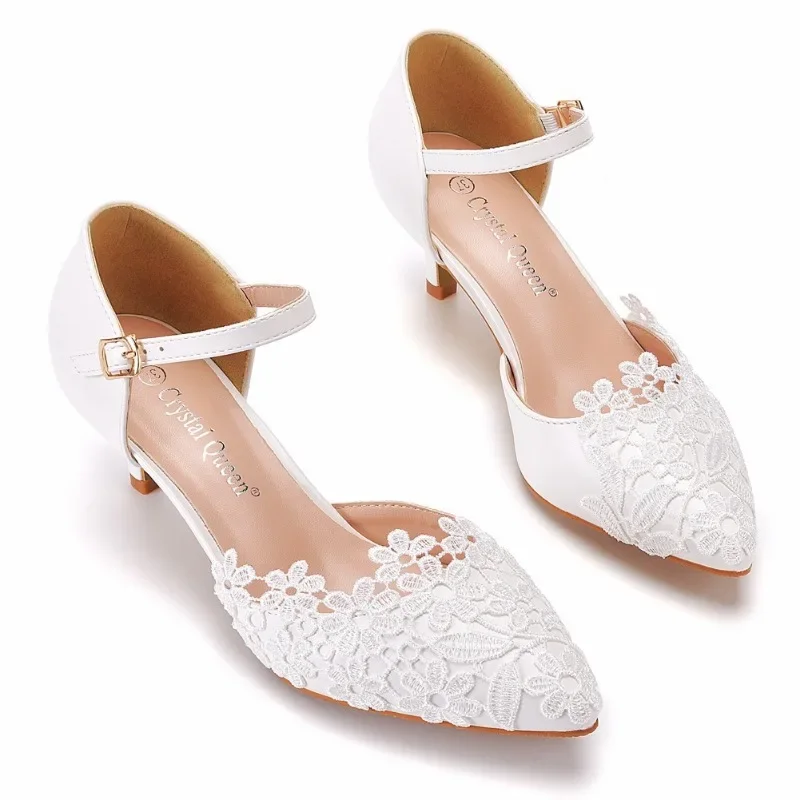 Pumps Women Heeled Sandals Wedding Lace Buckle Strap PU 5CM Thin Heels Japanese Style Women Party Prom Shoes White Stiletto