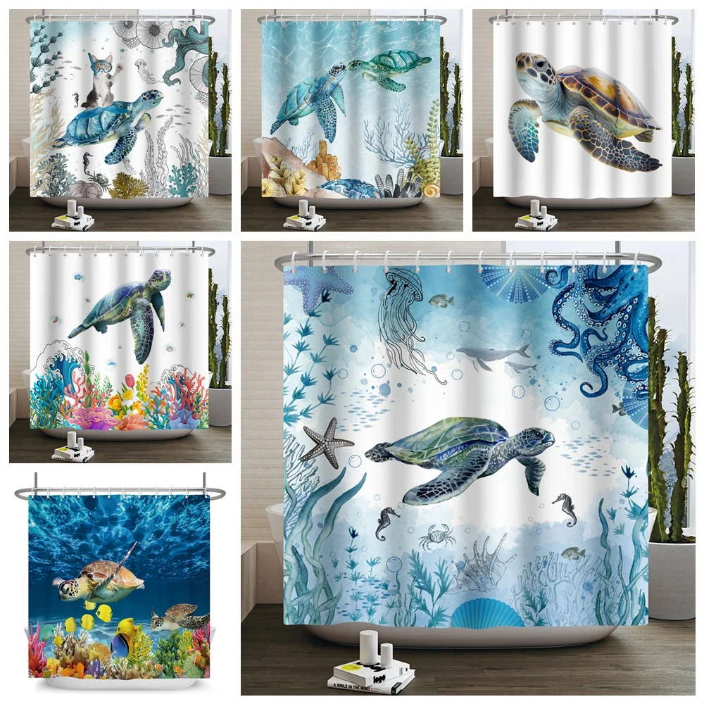 

Sea Turtle Shower Curtain Fishes Seagrass Underwater Plants Home Bathroom Bathtub Curtain Decoration With 12 Anti-mildew Hooks