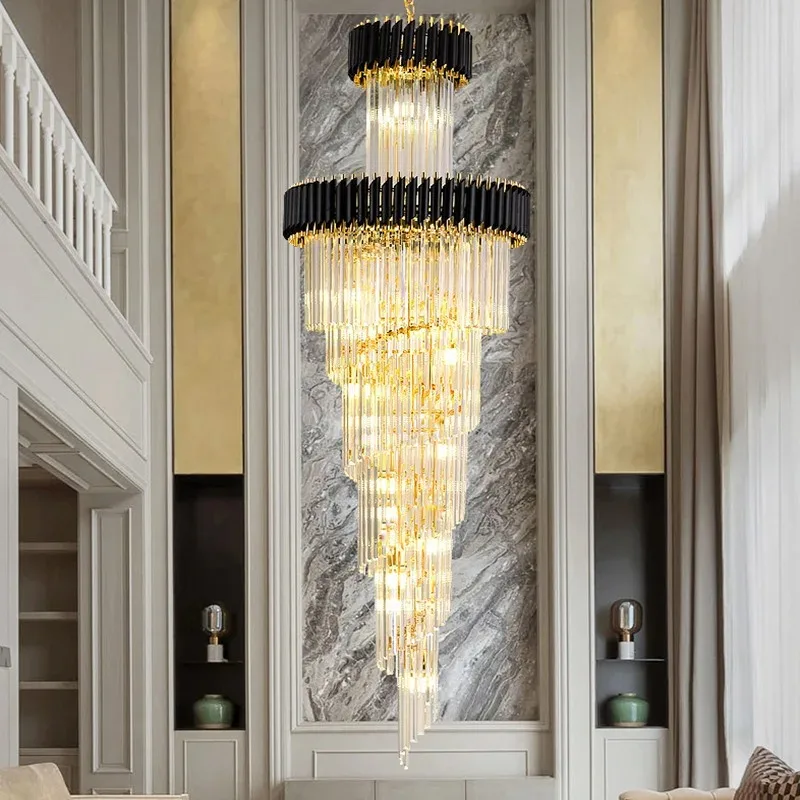 Large Top Long Luxury Led Crystal Chandelier Black Stainless Steel Multi-layer Lighting For Staircase Hotel Hall Living Room