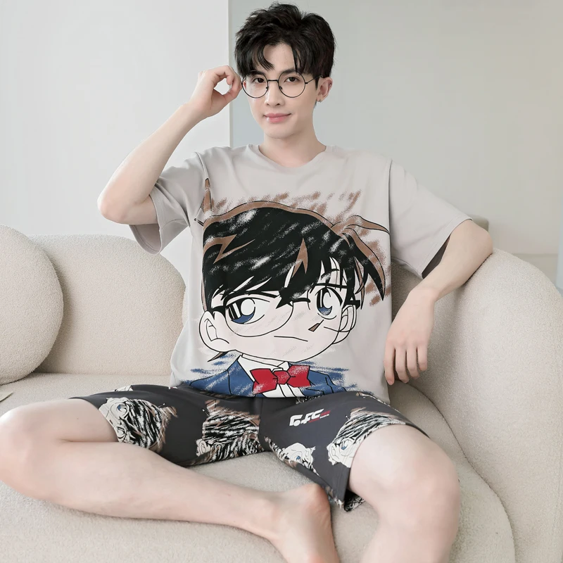 Summer Boys Thin Pajamas Top Cotton Homewear Sets Sleepwear Men Loose Students Cute Short-sleeved Male Clothing Cartoon Leisure