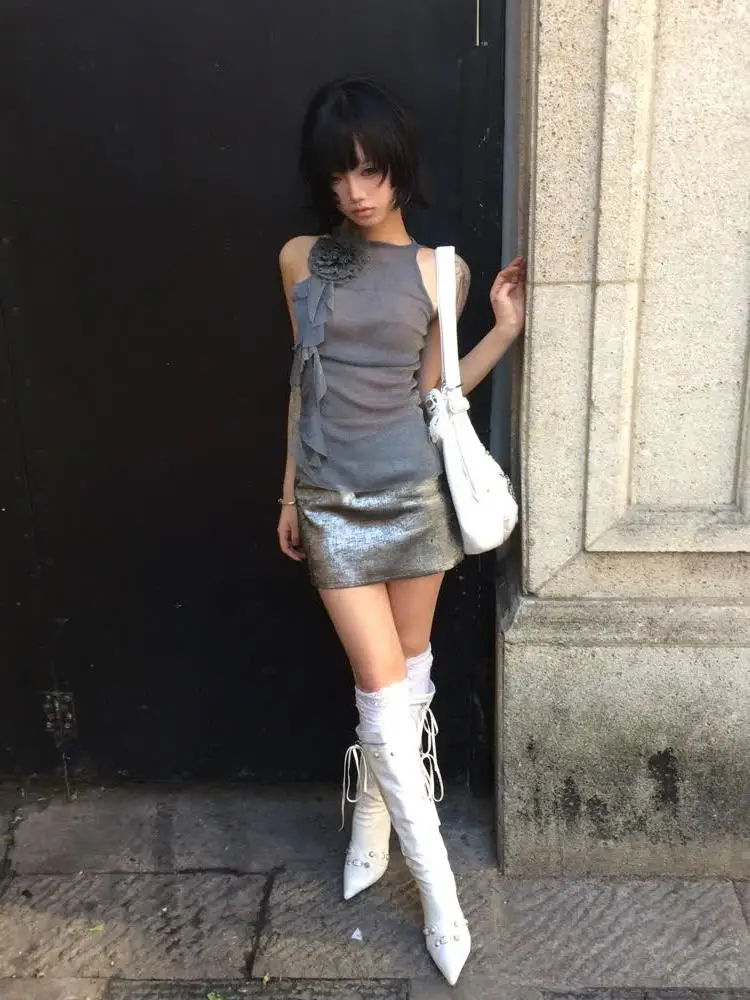 Genayooa Harajuku Y2kเสื้อดูผ่านริบบิ้นดอกไม้ตาข่ายเสื้อStreetwearญี่ปุ่น 2000S Aesthetic Sleevelesเสื้อฤดูร้อน