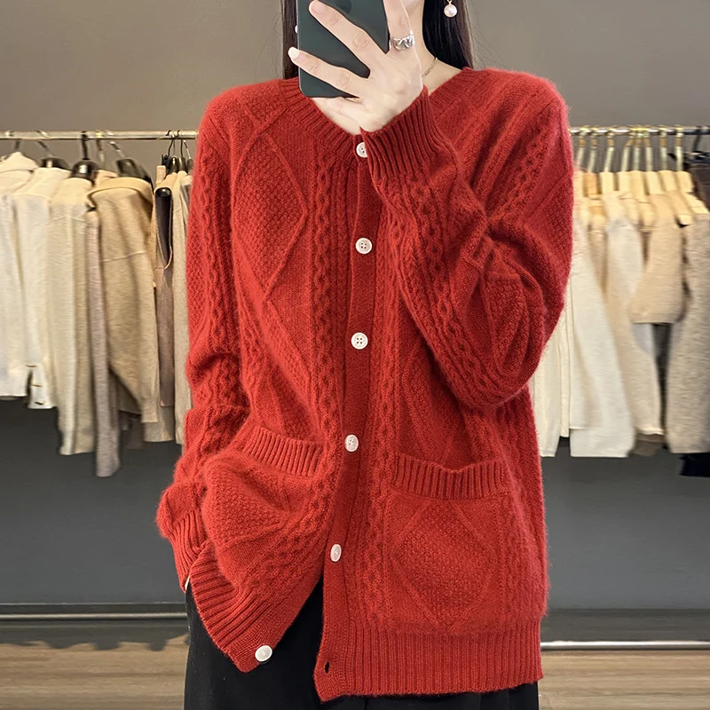 Women\'s sweater cardigan coat pure wool 2023 autumn and winter new O-neck twisted flower long sleeve high-end sweater top