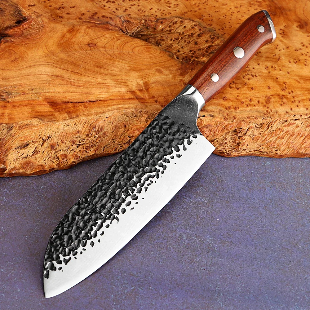 Professionelles 7-Zoll-S Santokumes, schwarzes geschmiedetes japanisches Kochmesser 5Cr15Mov-Stahl, scharfes Kochmesser mit vollem Tang-Pakkaholzgriff