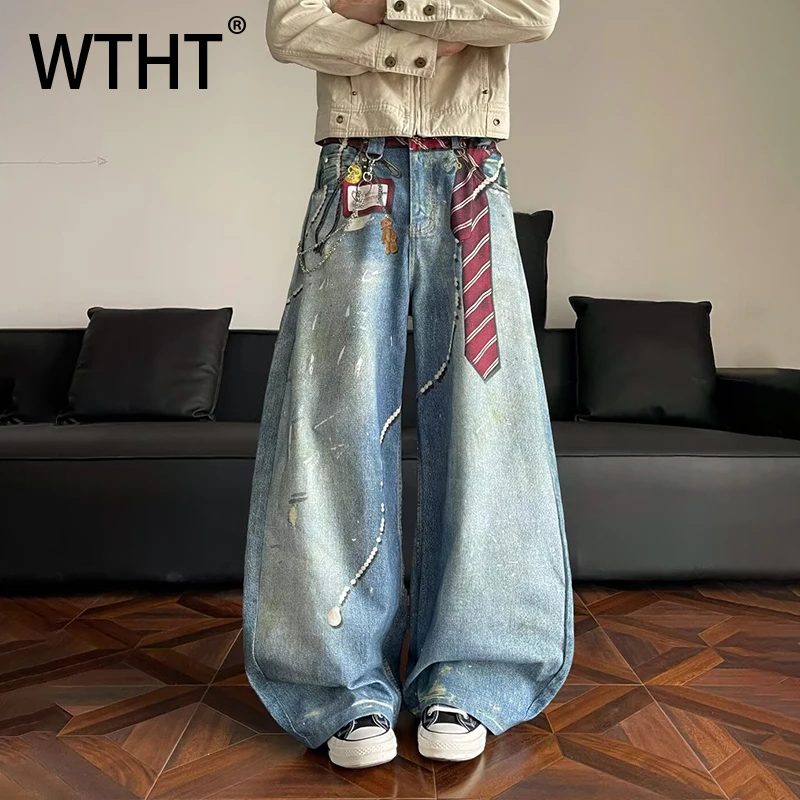 WTHT Vintage Men's Print Do Old High Street Loose Denim Pants Fashion American Style Wide Leg Jeans Male 2025 Winter 2A2565