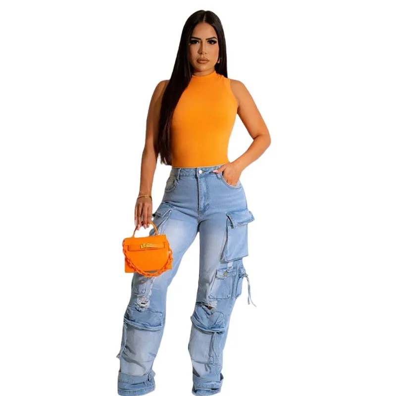 

Women Vintage Loose Pockets Stitching Ripped Jeans 2023 Autumn New Jeans Women High Waist Overalls Denim Straight-Leg Pants