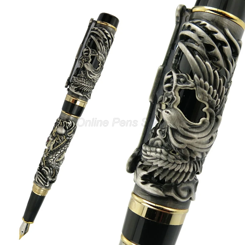 

Jinhao Dragon Phoenix Design Fountain Pen, Metal Carving Embossing Heavy Pen, Noble Gray & Black For Office & School & Home