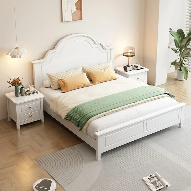 White all solid wood bed, modern simple American French cream style girl princess 1.5 meters double, single master and second be