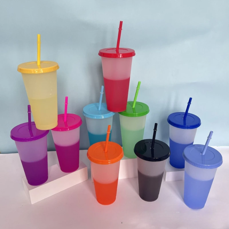 10PCS 710ml Plastic Straw Cup Cold-Sensitive Single Layer Mug Reusable Tumbler with Straw Changes Color When Cooled