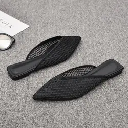 Women's Pointed Toe Slippers 2024 Summer Designer Mesh Beach Flat Shoes Slides Outside Mules Gladiator Sandals Zapatos De Mujer