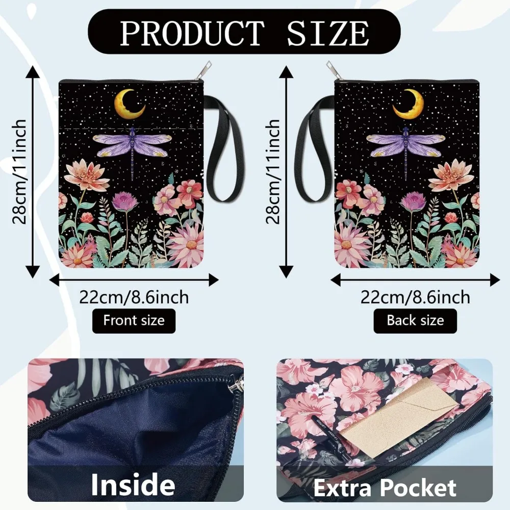 Dragonfly Book Protector Moon Book Covers Flower Book Sleeve for Paperbacks Washable Fabric Cloth Book Cover with Zipper