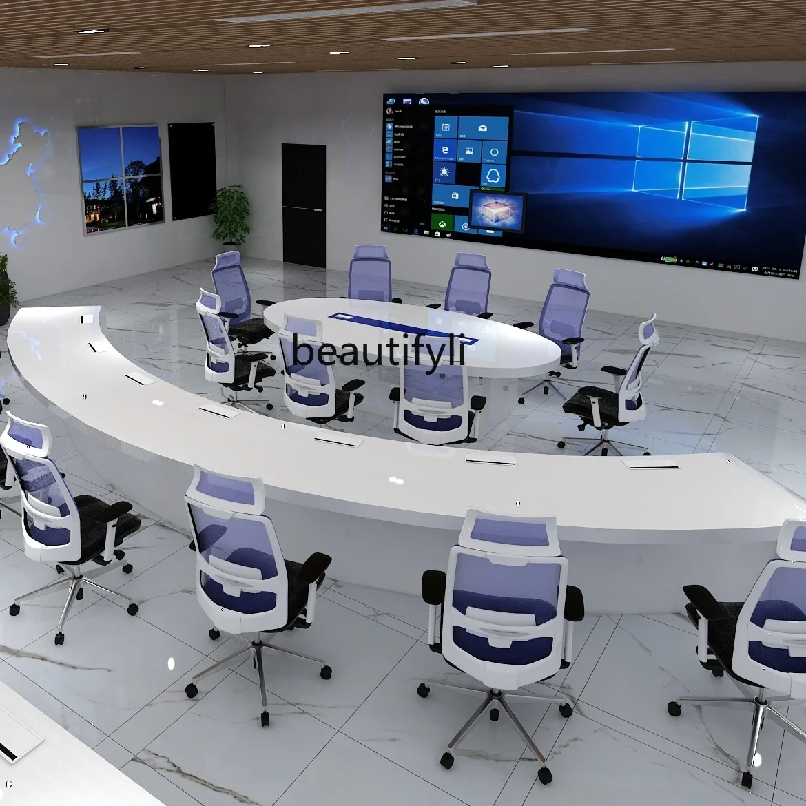 Simple Modern Custom Arc Paint Console Monitoring Room Dispatching Desk Technology Sense Data Center Command Table and Chair