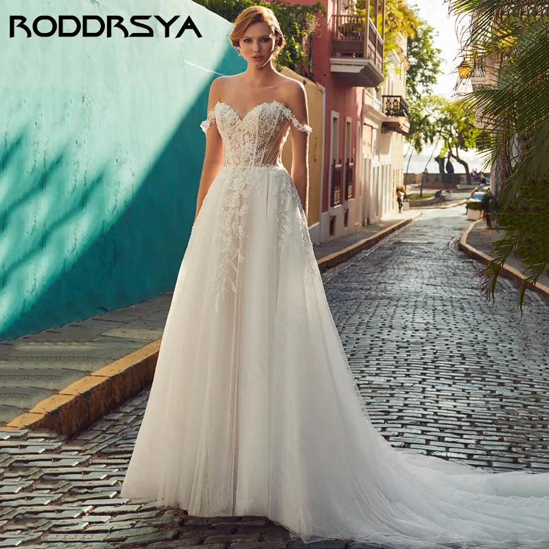 RODDRSYA-Robe de Mariée Trapèze en Tulle et Dentelle, Tenue Élégante avec Perles et Dos aux, Style Boho, pour ixdes Patients Robe de Mariée Trapèze en Tulle et Dentelle, Tenue Élégante avec Perles et Dos aux, Style Boh