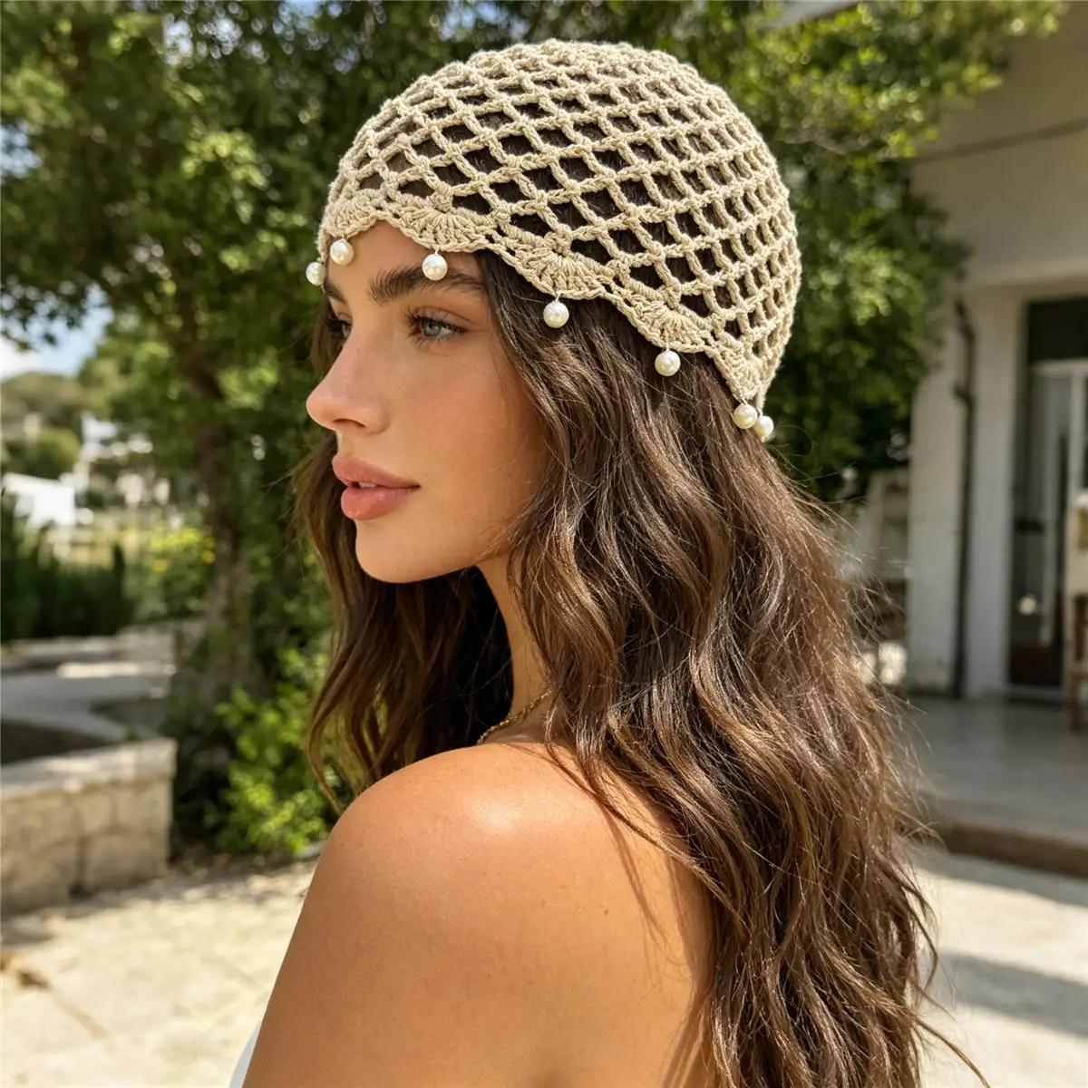 Hit Product Chiffon Long scarf Pearl Knitted Hat Solid Color Knitted Hollow-Out Cap Headscarf Cap Fashion Glitter Knitted Hat