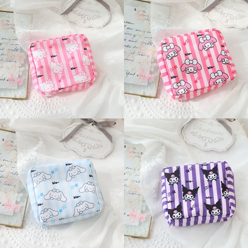 New Sanrio Hello Kitty Tampon Organizer Bag Pinstripe Cute Cartoon Kuromi Girl Portable Cosmetic Storage Bag 13x11.5x4.5cm