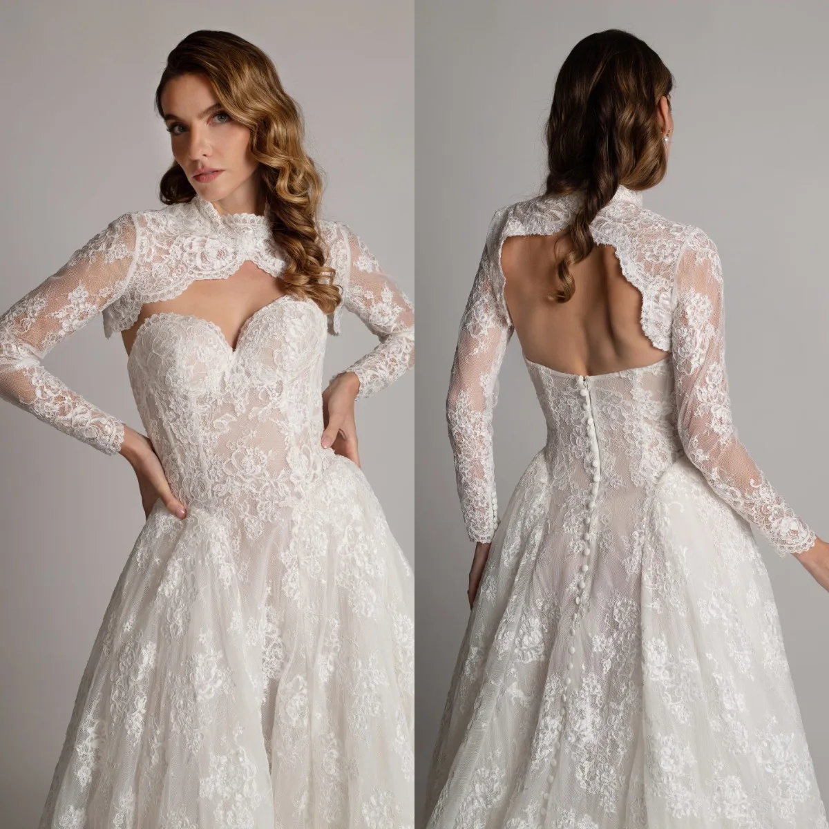 Luxury Ivory Sheer Lace High-Neck Bridal Bolero with Cutout and Pearl Button Back Women Wedding Capelet Customized J26932
