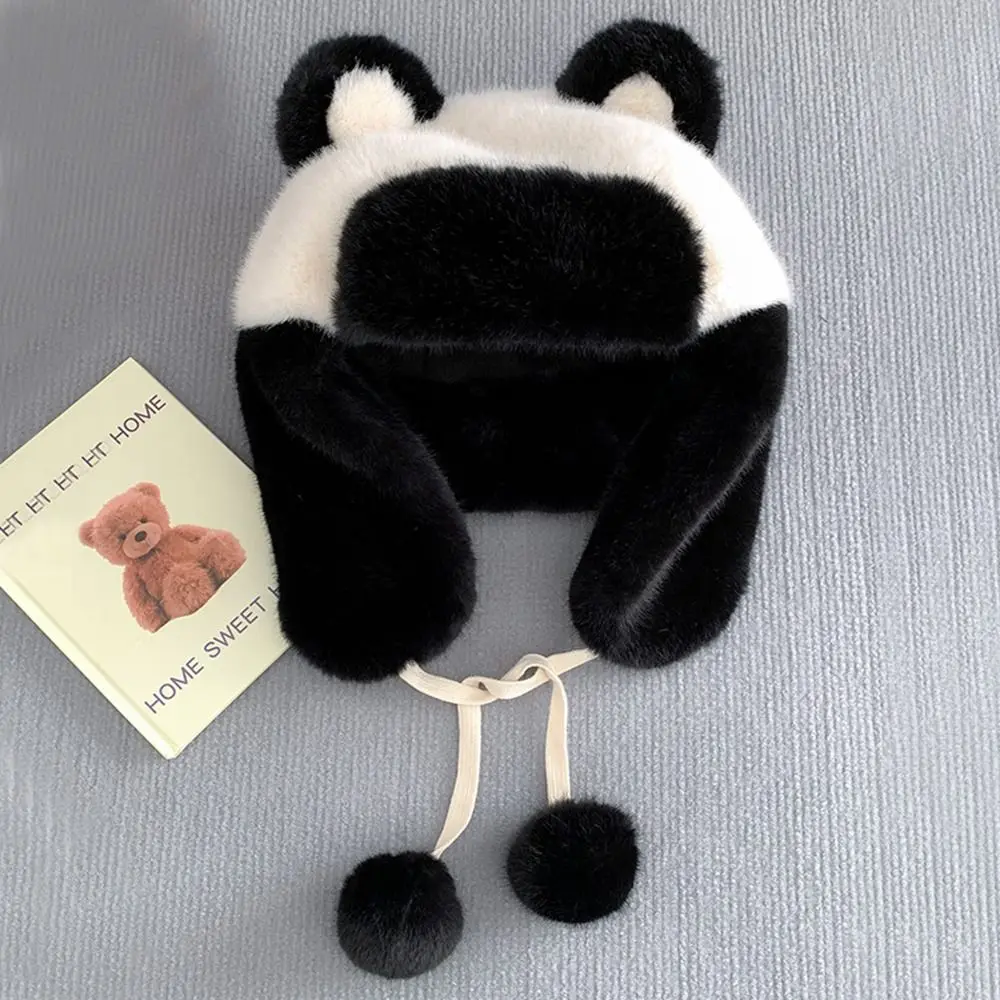 Outdoors Plush Bomber Hat Thick Panda Ears Ushanka Fur Hat Warm Cute Winter Cap for Men Women