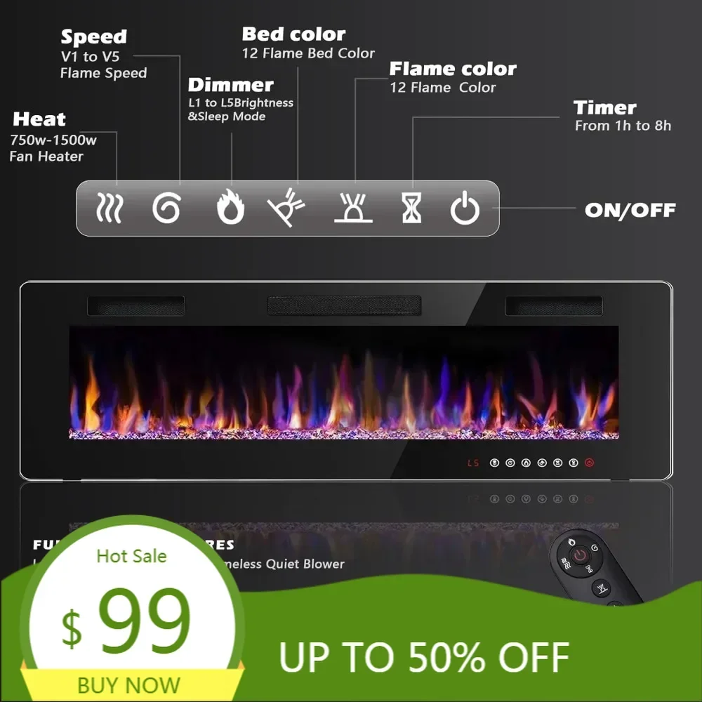 

"72" slimline electric fireplace, wall-mounted linear design, compatible with 2x4 and 2x6 framing, 12-level adjustable"