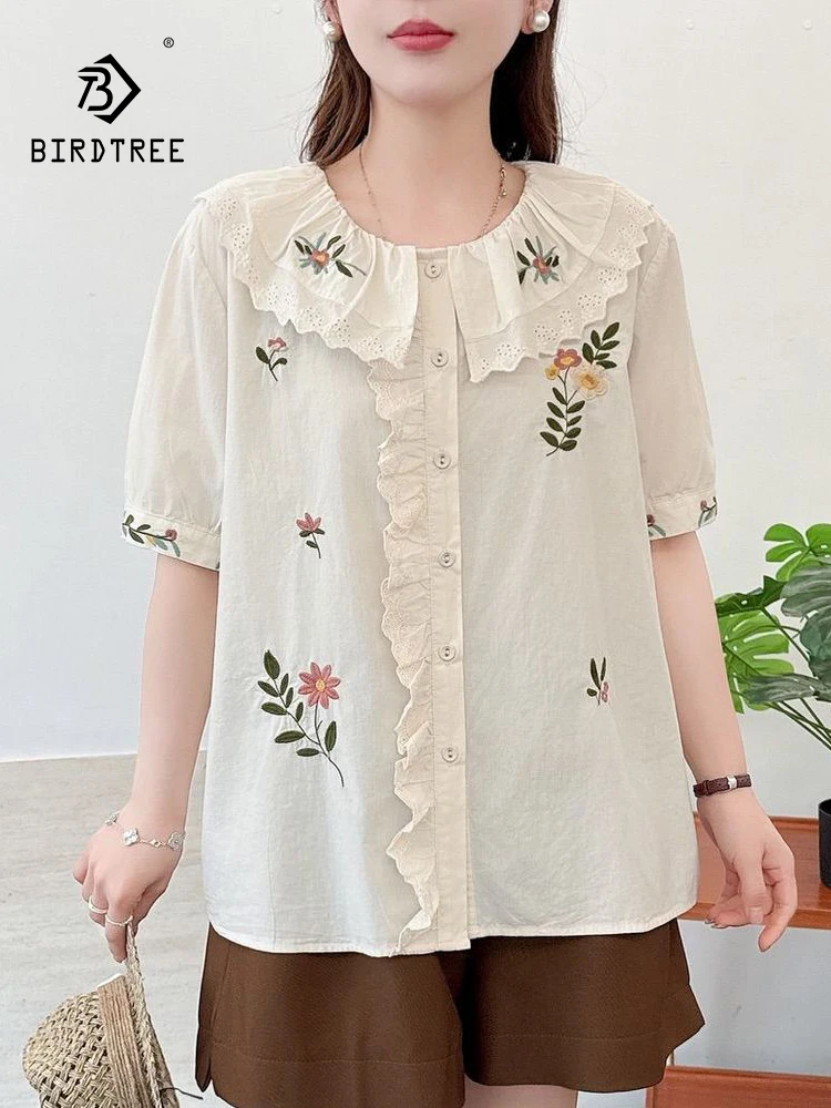 

Новая летняя женская хлопковая рубашка с коротким рукавом 2026 года, с вышивкой и воротником Питер Пэн, в стиле Мори Гёрл, шикарная свободная блузка в стиле преппи T64620CC