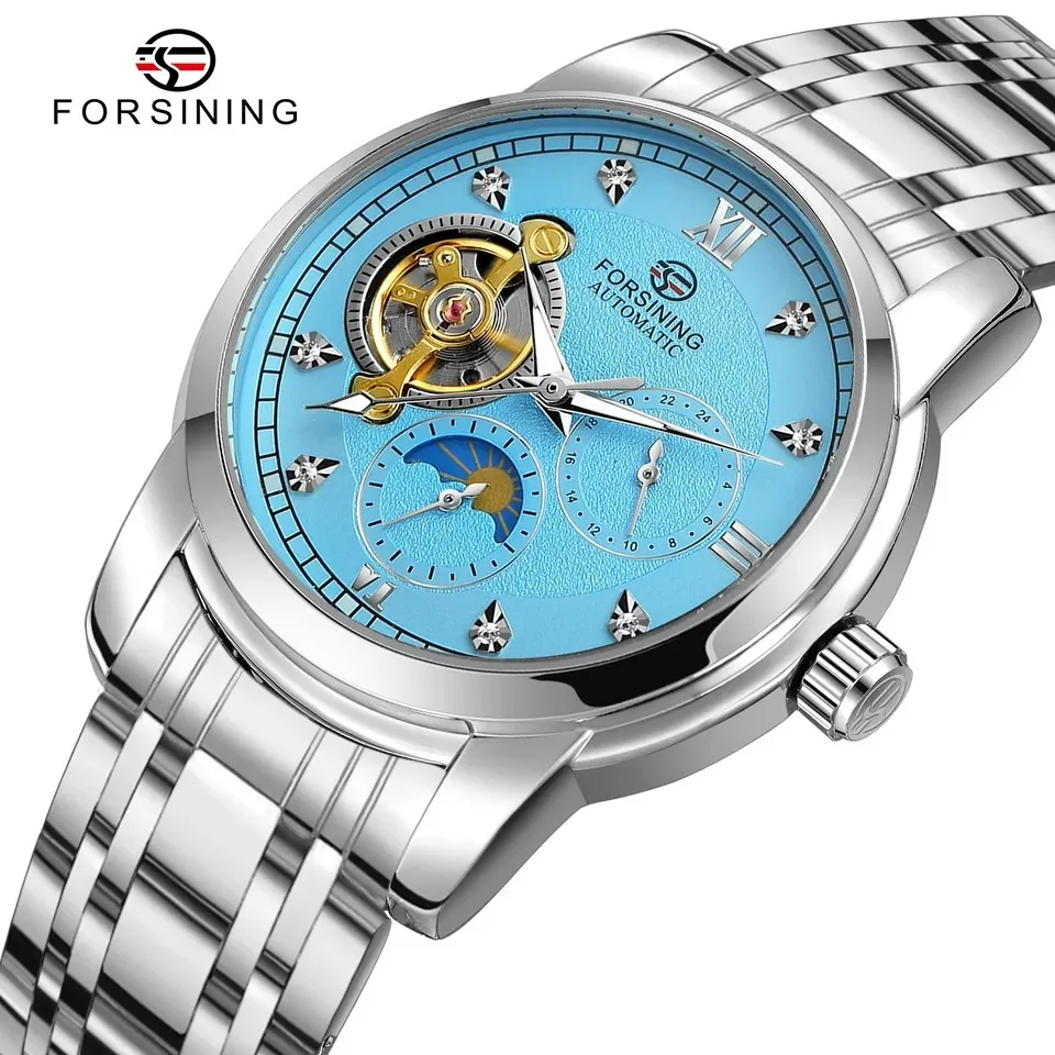 Fashion Men's Leisure Lunar Phase Tourbillon 24-hour Multi Functional Waterproof Full Stainless Steel Mechanical Business Watch