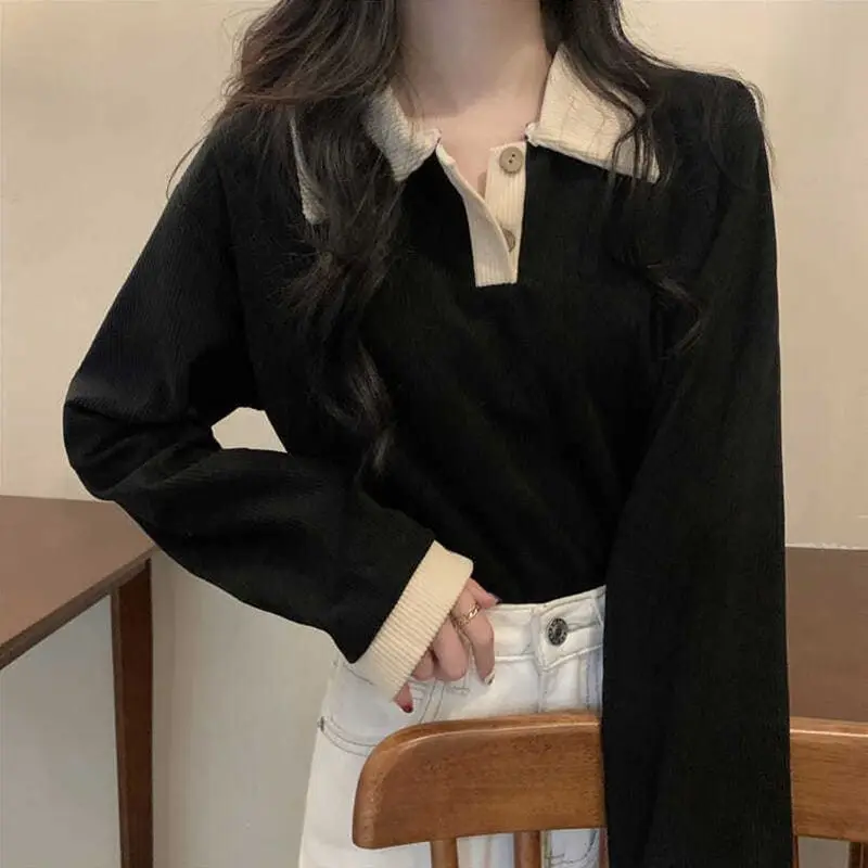 

Casual Polo-Neck Pullovers Spring Autumn Commute Loose Women's Clothing Contrasting Colors Fashion Button Long Sleeve T-shirt