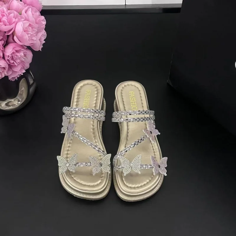 Women Slippers Flat Bottom Beach Luxury 2024  Crystal Comfortable Sole Sandals