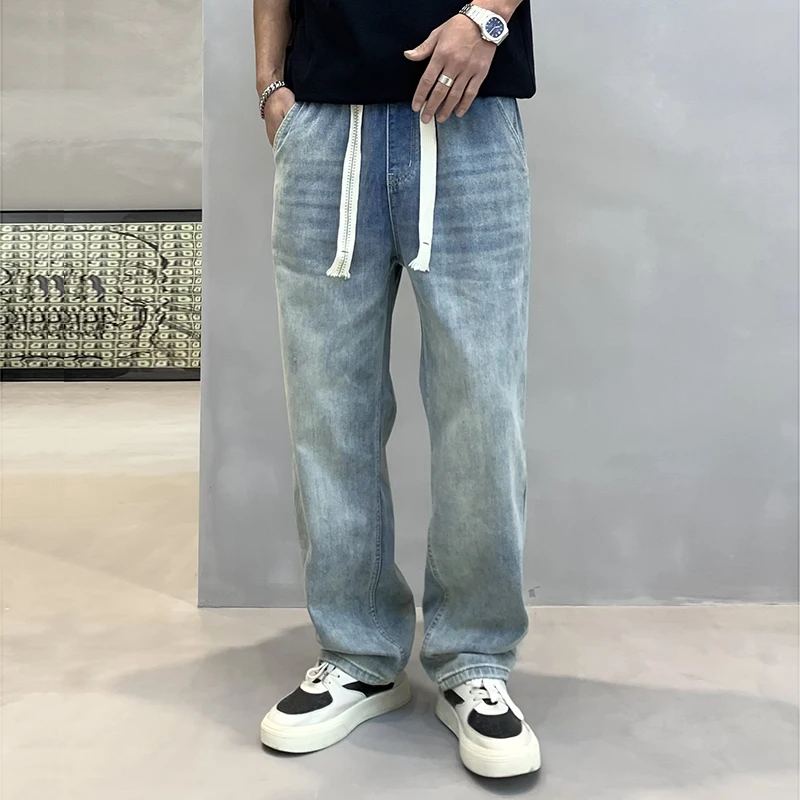 

High-end men's wide-legged jeans 2024 fall light blue loose straight drag pants high street hundred elastic waist casual pants