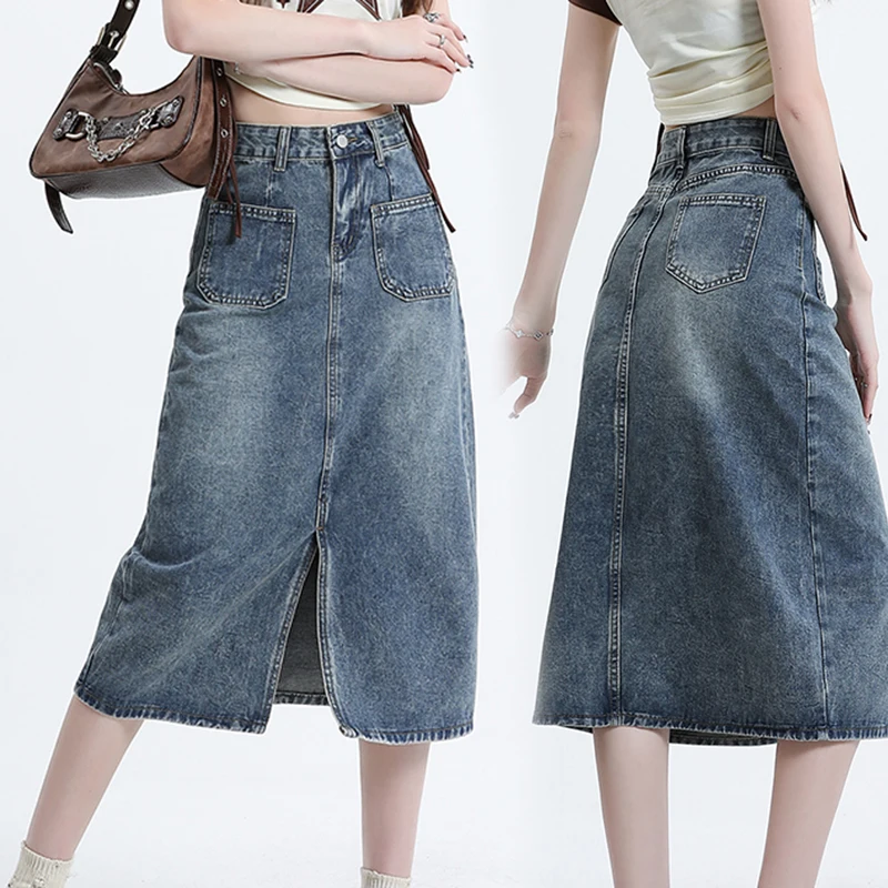 

High Waist Women Denim Skirt Fashion Sexy Slimming Versatile Hip Hugging Skirt Retro Denim Mid Length Jeans For Ladies
