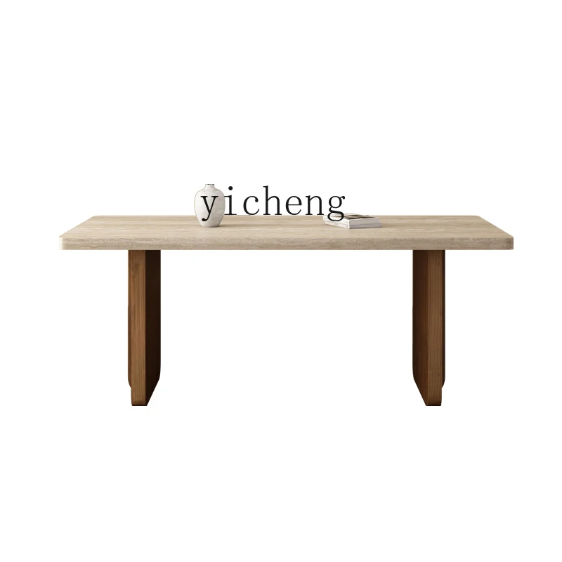 

ZC Retro Style Cave Stone Stone Plate Solid Wood Dining Table Small Apartment Living Room Rectangular Dining Table