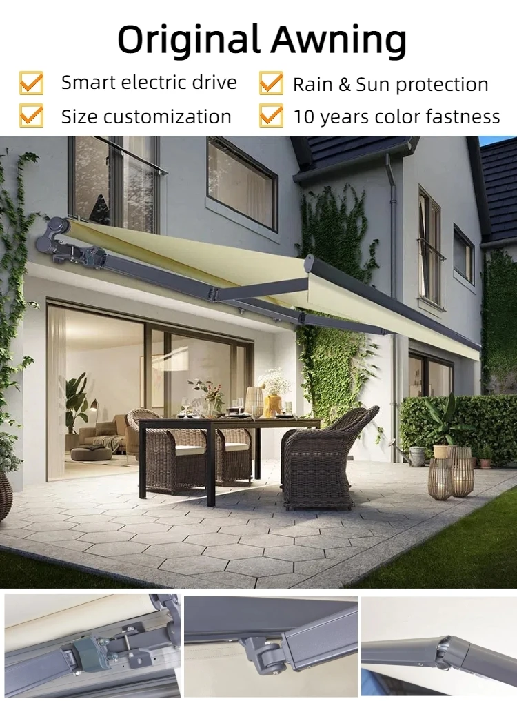 OEM Size Aluminum Motorized Semi Cassette Awnings with LED Lights and Dooya Motor for Patio Garden Pool Awning