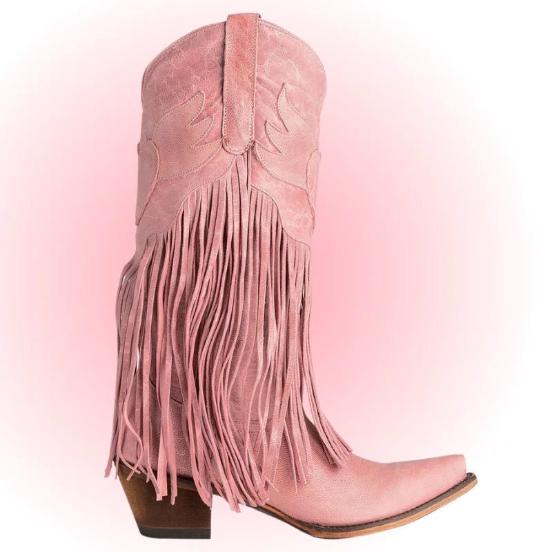 

AOSPHIRAYLIAN Pink Tassels Fringe Mid-Calf Western Cowboy Boots For Women 2023 Vintage Retro Point Toe Cowgirl Boots Shoes