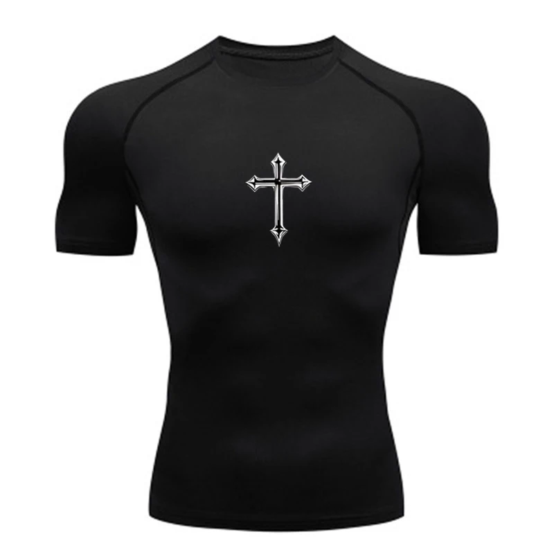 Camiseta masculina de compressão com estampa cruzada, camiseta esportiva cristã, camiseta, camiseta de ginástica, treinamento, corrida, protetor de erupção