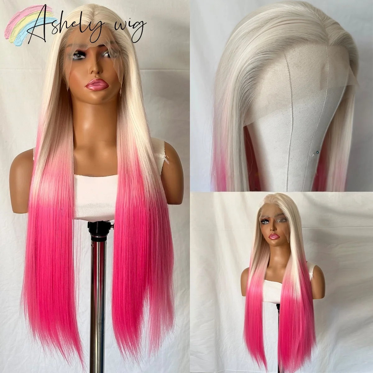 التدرج الوردي شعر مستعار للنساء طويل مستقيم الشعر الجبهة الدانتيل 13*4 الطبيعية رقيق تأثيري الاصطناعية الدانتيل الباروكات أومبير الدانتيل شعر مستعار أمامي #1