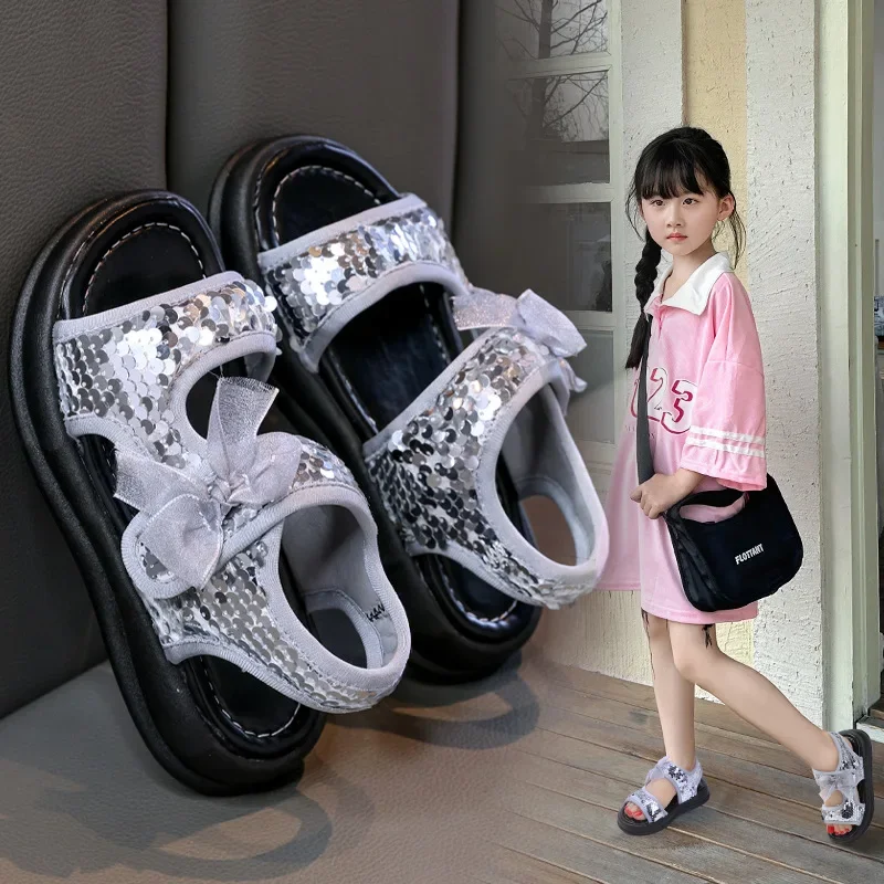 

Children's Sandals Fashion Sequin Girls' Princess Sandals 2025 New Summer Silver Open Toed Children's Casual Beach Shoes