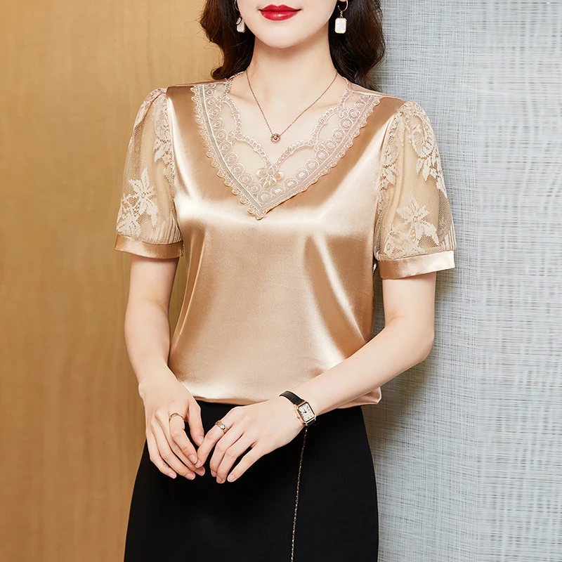 M-4XL Elegant Satin Lace shirt Summer Short Sleeve Casual clothing V neck Women blouse Tops blusa feminina