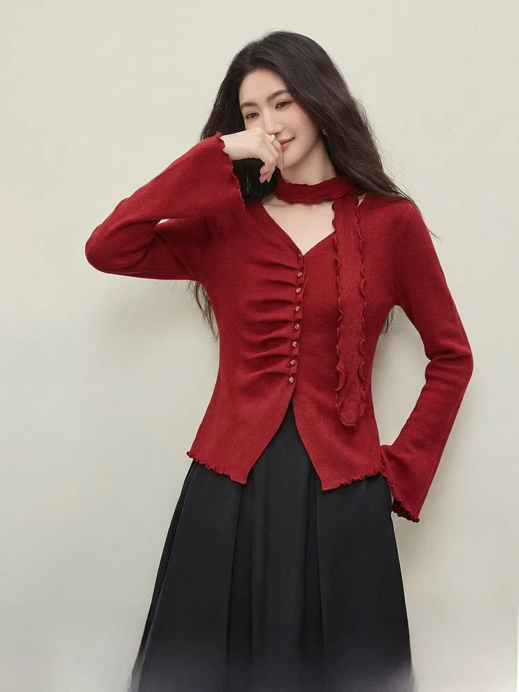 

Красный вязаный топ с V-образным вырезом для женщин, весна 2026, новогодняя коллекция, со съемным поясом, приталенный, из мягкого полиэстера, с длинным рукавом