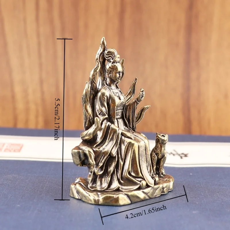 Vintage Brass Nine Tailed Fox Goddess Figurine Mini Myth Statue Oriental Desktop Ornament Retro Table Decor Collectible Craft