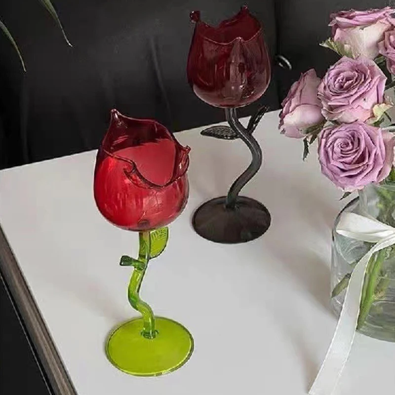 

French Romantic Transparent Rose Glass With Transparent Leaf Cocktail Glass Valentine's Wedding Table Decoration Gift Wine Cup