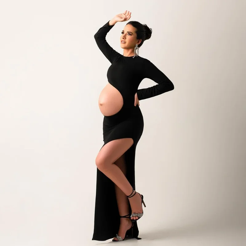 Vestido de maternidad negro para sesión de fotos – Falda larga ajustada - imagen 2